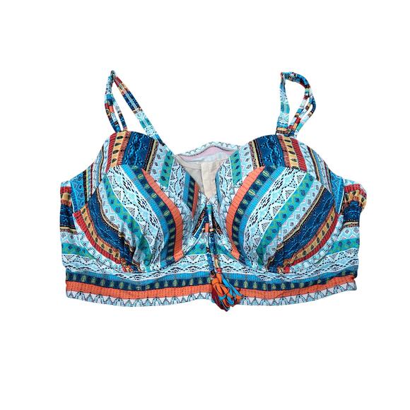 Cacique Swim Bikini Top 44DDD Bandeau Tribal Stripe Red Blue White Colorful - Picture 1 of 4
